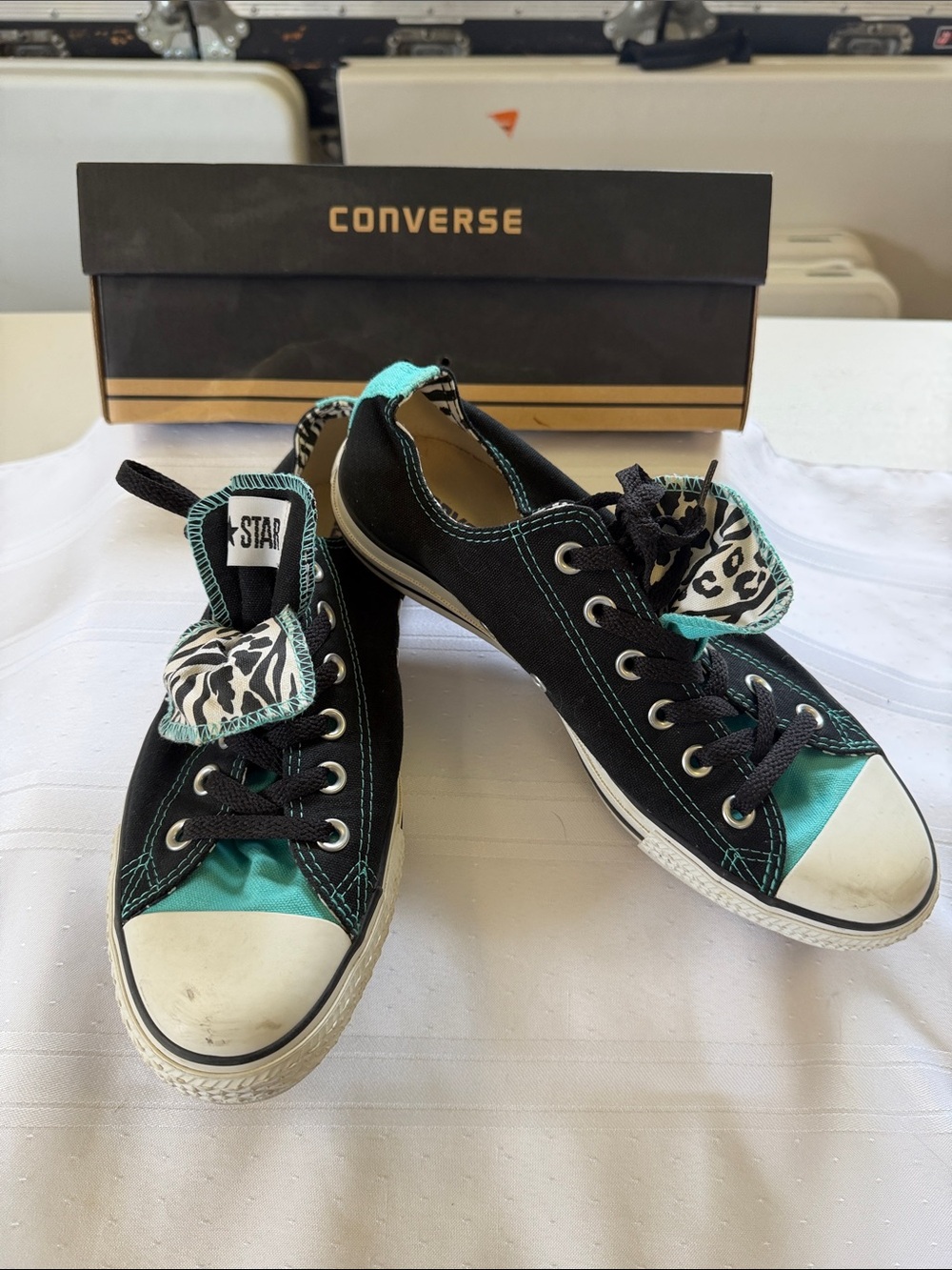 Converse Black & Teal Low-Top Sneakers with Animal Print Tongue